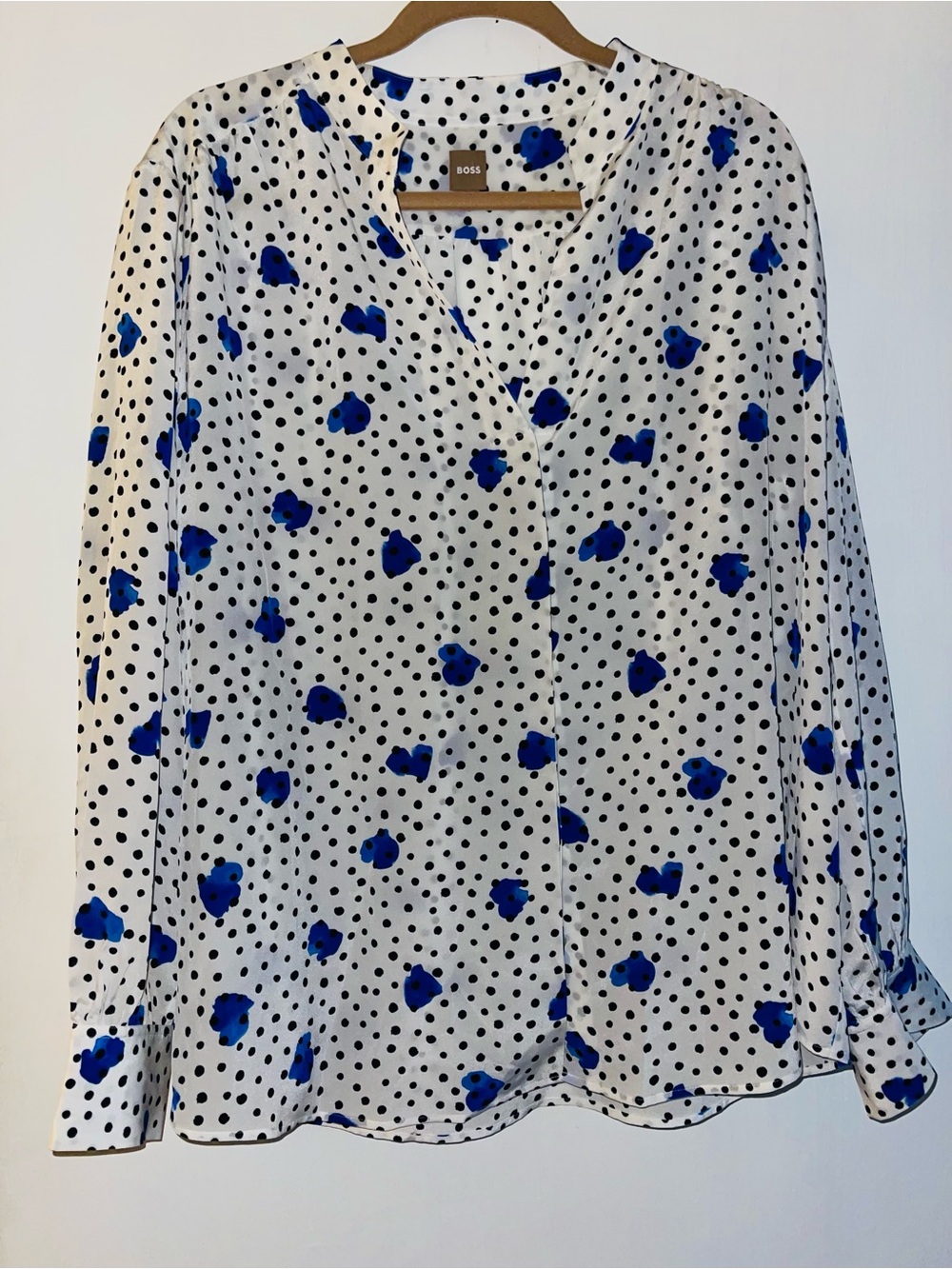 BOSS White Blouse with Black Polka Dots and Blue Floral Prints